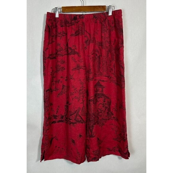 Kleen Womens Linen Wide Leg Pants L Red Asian Inspired Crop Pull On Lagenlook - Picture 2 of 8